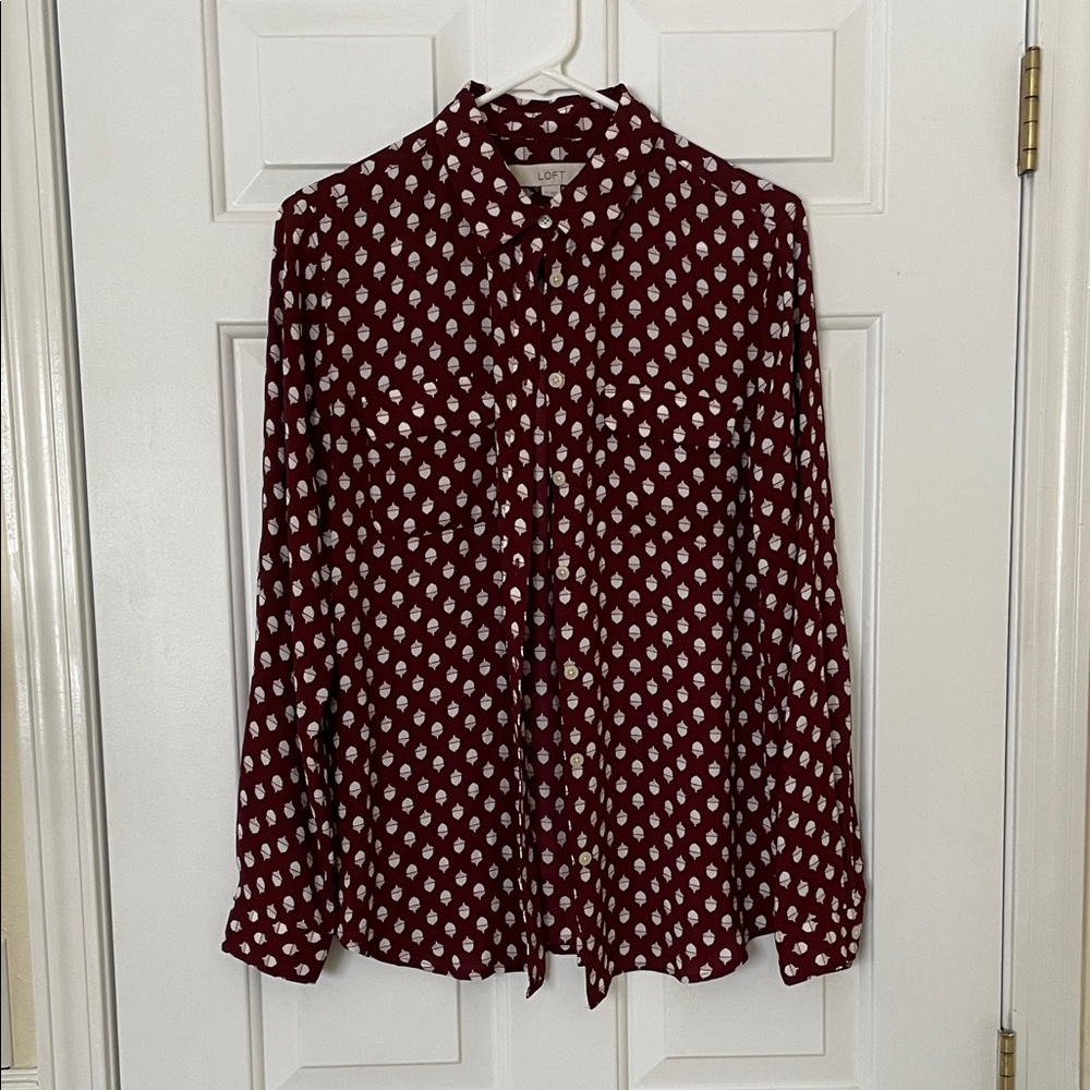 LOFT Utility Shirt, Burgundy and White Acorn print Button Down Shirt, M
